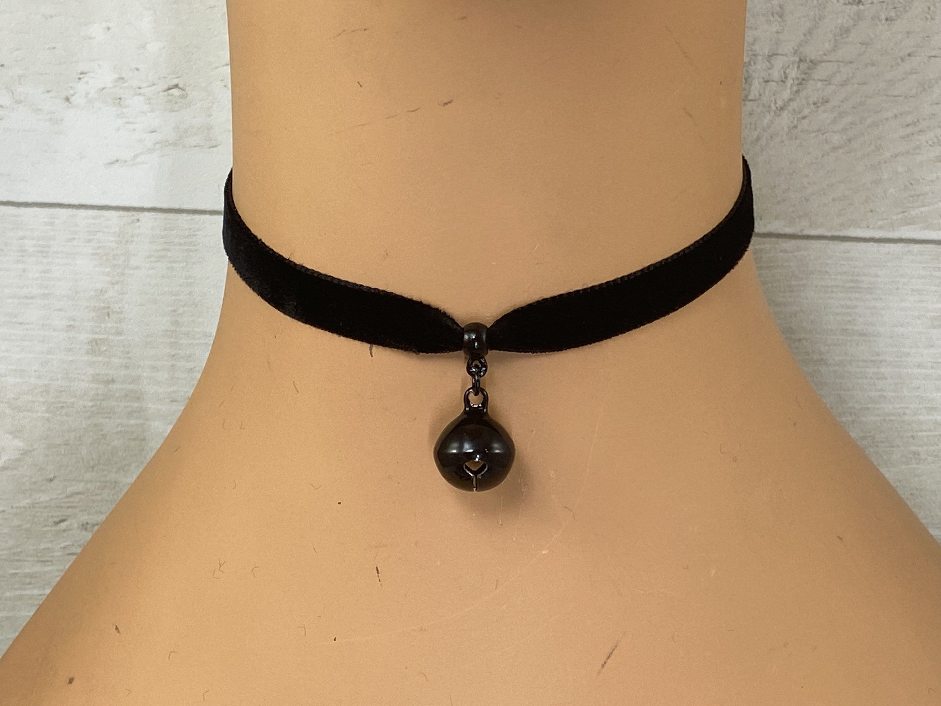 10 Mm Wide Black Velvet Ribbon Choker Necklace With Black Bell Pendant Charm Goth Lolita Cosplay Etsy