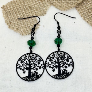 Pendientes de gato negro con árbol de la vida, moda gótica wiccan