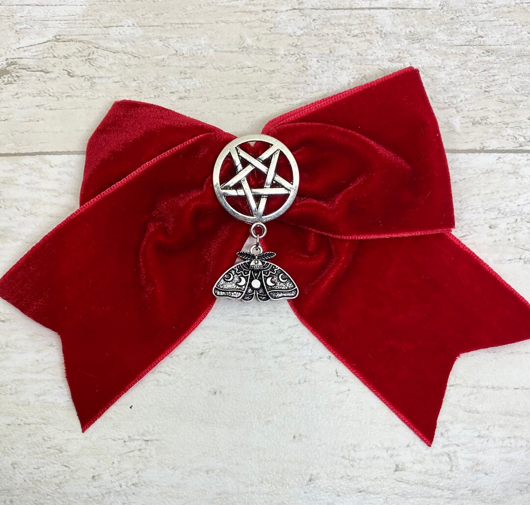Red Velvet Ribbon Hair Barrette Clip Slide With Inverted Pentagram and ...