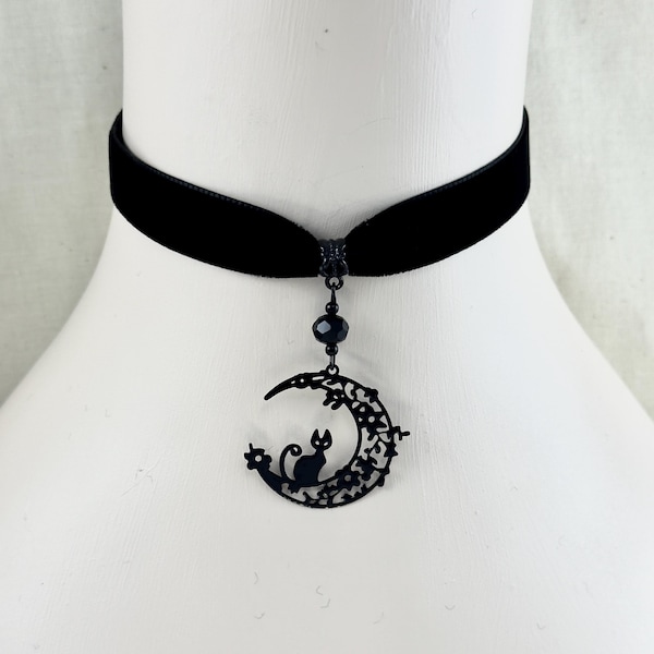 Black Velvet Choker Necklace, Cat on Flowery Crescent Moon Pendant