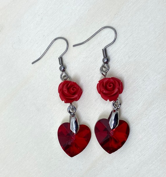 Heart Red Glass Beaded Earrings
