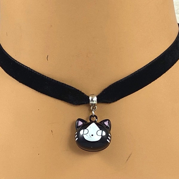 Black velvet choker necklace with cute black cat bell fashion trendy fun kitsch novelty gift goth Wiccan pagan