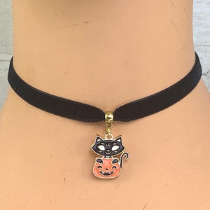 Black velvet choker necklace with gold plated enamel cat and pumpkin pendant charm goth Halloween