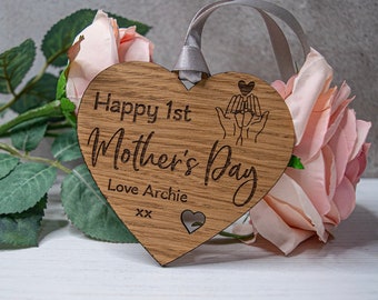 Personalised Happy 1st Mother's Day Gift for New Mum, Custom Engraved First Mother's Day Heart Ornament, Hanging Wooden Heart Gift for Mum