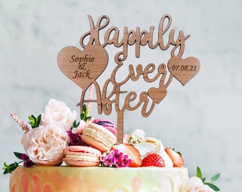 Wooden Wedding Cake Topper, Personalised Happily Ever After Wedding Cake Topper, Rustic Wedding Decor, Wood Anniversary Cake Topper