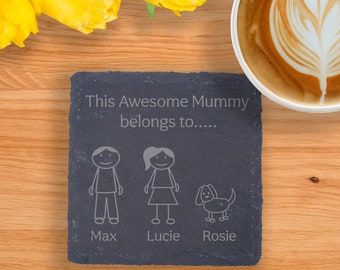 Personalised Coaster for Mum, Stick Figure Family Coaster, Personalised Birthday Gift for Mum from Kids, Custom Mothers Day Gift for Mom,