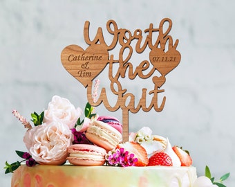 Wooden Wedding Cake Topper, Personalised Worth the Wait Wedding Cake Topper, Unique Rustic Cake Decoration, Custom Wood Cake Topper