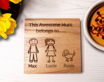 Personalised Wooden Coaster for Mum, Stick Figure Family Coaster, Personalised Birthday Gift for Mum from Kids, Custom Mother's Day Gift