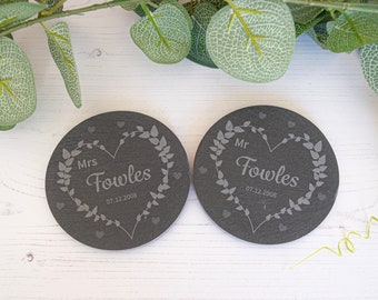 Personalised Slate Wedding Coasters, Slate Coasters Wedding Gift for Couple, Engraved Coasters for Anniversary Gift, Bride and Groom Gift