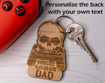 Personalised Wooden Gamer Keyring for Dad, Personalized Birthday Gift for Dad, Custom Hardcore Gaming Keychain, Gamer Dad Gift from Children