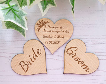 Wooden Wedding Place Names Double Sided, Wood Heart Wedding Place Settings, Rustic Wedding Table Decor, Engraved Heart Wedding Favours