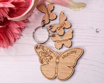 Personalised Wooden Butterfly Keyring for Mum, Christmas Gift for Mum, Butterfly Keychain and Charms, Custom Stocking Filler Gift for Mummy