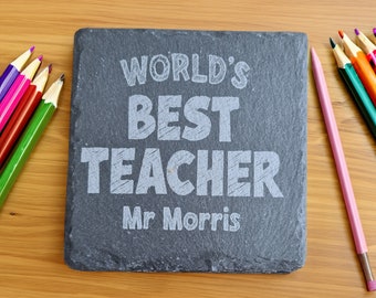 Personalised Slate Teacher Coaster,  Engraved Gift for Teacher, End of School Year Gift from Student, Teacher Noun, Thank you Teacher Gift