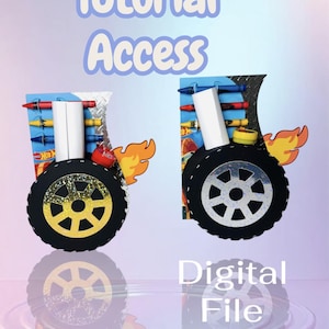 May include: A digital file graphic with the words "Tutorial Access" and "Digital File". The graphic features two stylized car wheels with flames, crayons, and a white cylinder.