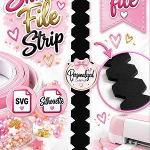 Puede incluir: Un archivo digital para una tira de shaker con un patrón hexagonal negro, detalles de corazones rosas y dorados, y el texto Shaker File Strip, Digital file, Personalized CANVAS, SVG y Silhouette, junto a cuentas rosas y herramientas de manualidades.