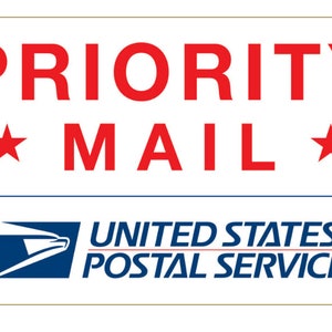 May include: A white sign with red text that reads "PRIORITY MAIL" with a red star on either side of the word "MAIL". Below the text is a blue and white United States Postal Service logo.