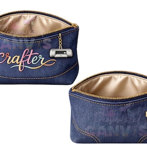 May include: Two denim-style zippered pouches. One pouch has the word "crafter" embroidered in colorful script, and a charm of a small printer. The other pouch has a gold bow charm.
