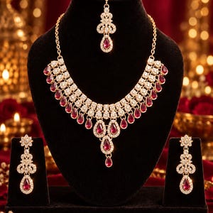 Puede incluir: Un conjunto de joyería en tono dorado que incluye un collar, un par de pendientes colgantes y un maang tikka. Cada pieza está adornada con piedras blancas transparentes y piedras de color rojo intenso en forma de lágrima con diseño floral.