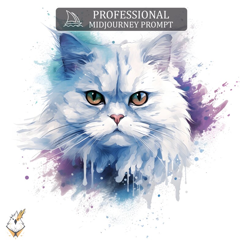 May include: A white Persian cat with blue eyes, rendered in a watercolor style with blue, purple, and pink paint splatters.