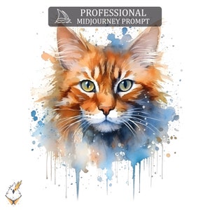 May include: A watercolor painting of a ginger cat with green eyes. The cat is surrounded by blue and orange watercolor splatters.