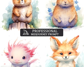 Adorable Watercolor Animals Midjourney Prompt, midjourney prompt, Midjourney guide, prompts, Customizable prompt, v4 V5 ai prompt, AI prompt