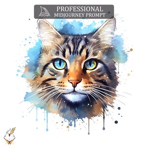 May include: A watercolor painting of a tabby cat's face with blue and yellow eyes. The cat is looking directly at the viewer. The background is a blue watercolor wash with white splatters.