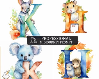 Watercolor Animal Letters Midjourney Prompt, midjourney prompt, Midjourney guide, prompts, Customizable prompt, v4 V5 ai prompt, Animal AI