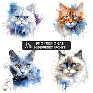 May include: Four watercolor paintings of cats with blue, purple, and orange paint splatters in the background. Each cat has a different color of fur and eye color.