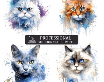Watercolor Splatter Cats Midjourney Prompt, midjourney prompt, Midjourney guide, prompts, Customizable prompt, v4 V5 ai prompt, cat prompt