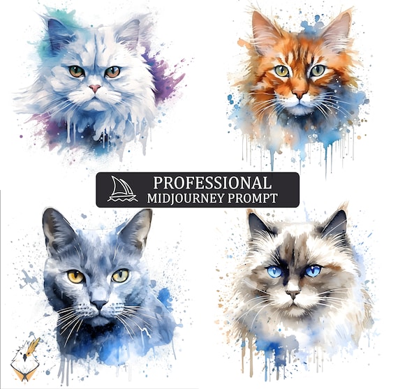 Watercolor Splatter Cats Midjourney Prompt, midjourney prompt, Midjourney guide, prompts, Customizable prompt, v4 V5 ai prompt, cat prompt