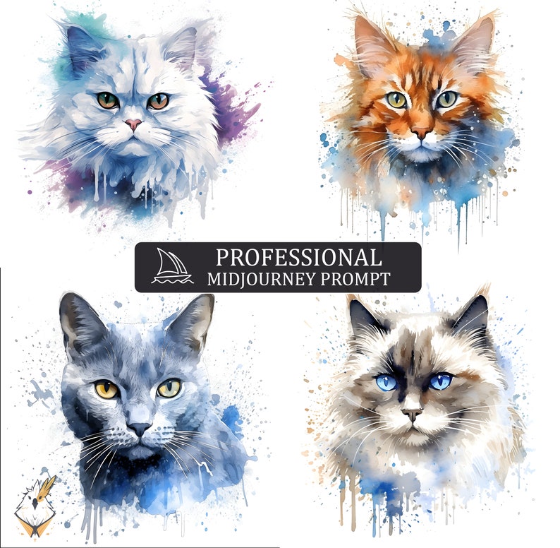 May include: Four watercolor paintings of cats with blue, purple, and orange paint splatters in the background. Each cat has a different color of fur and eye color.