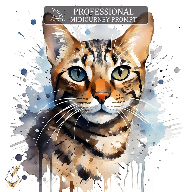 May include: A watercolor painting of a Bengal cat with green and blue eyes. The cat is looking directly at the viewer. The background is a watercolor wash of blue, gray, and white.
