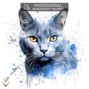May include: A watercolor painting of a blue-grey cat with yellow eyes. The cat is looking directly at the viewer. The background is a white canvas with blue watercolor splatters.