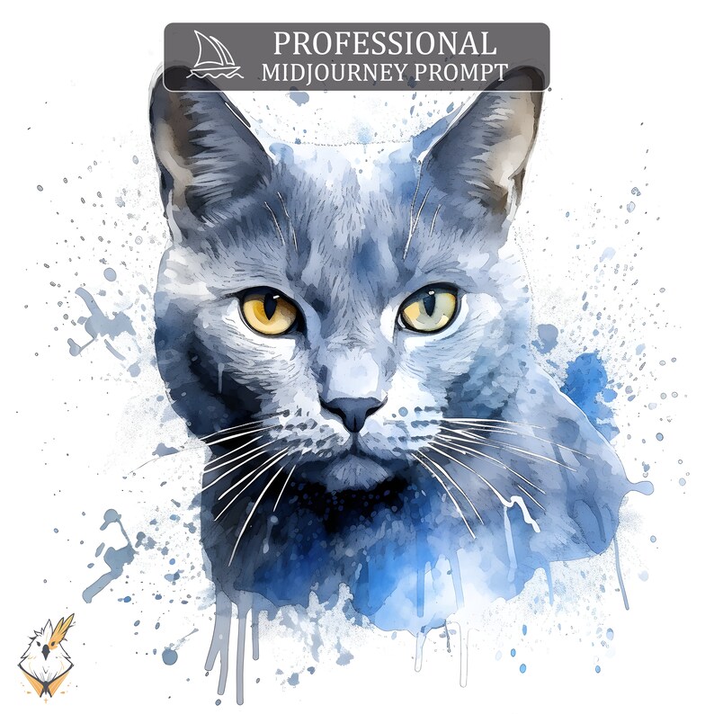 May include: A watercolor painting of a blue-grey cat with yellow eyes. The cat is looking directly at the viewer. The background is a white canvas with blue watercolor splatters.