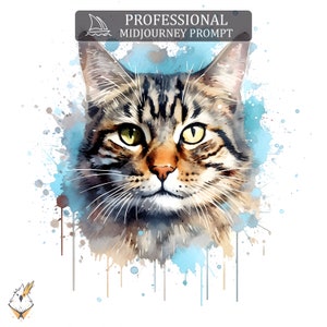 May include: A watercolor painting of a tabby cat's face with blue and brown splatter paint in the background.