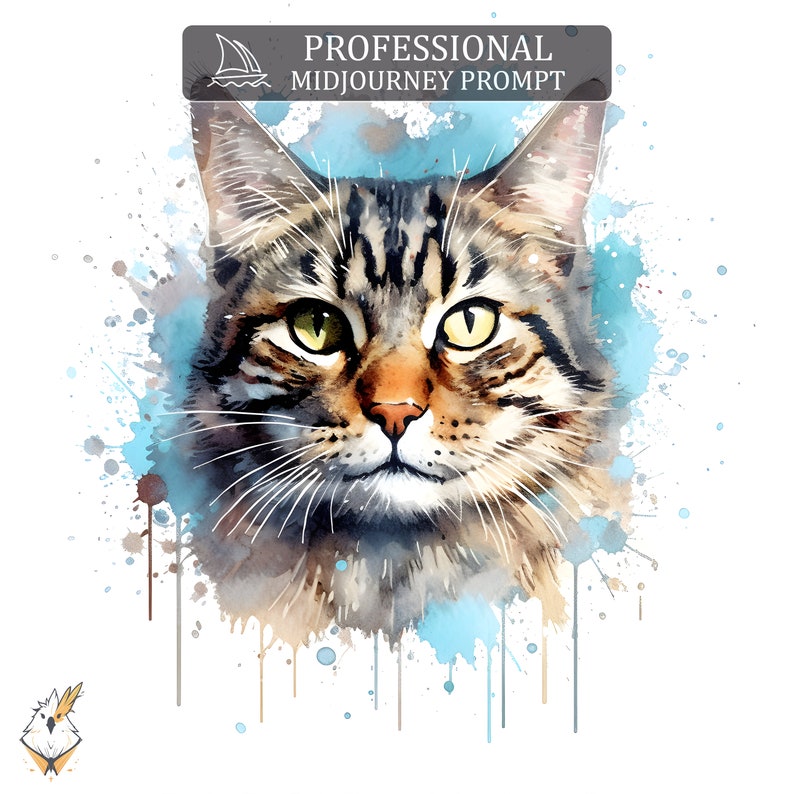 May include: A watercolor painting of a tabby cat's face with blue and brown splatter paint in the background.