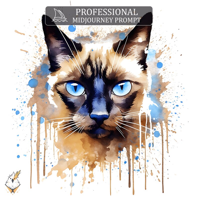 May include: A watercolor painting of a Siamese cat with blue eyes. The cat's face is surrounded by blue and brown watercolor splatters.