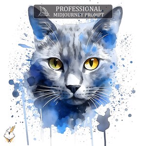 May include: A watercolor painting of a gray cat's face with yellow eyes. The cat is surrounded by blue and gray watercolor splatters.