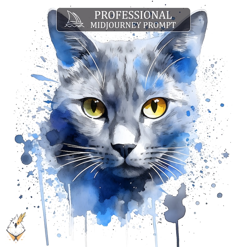 May include: A watercolor painting of a gray cat's face with yellow eyes. The cat is surrounded by blue and gray watercolor splatters.