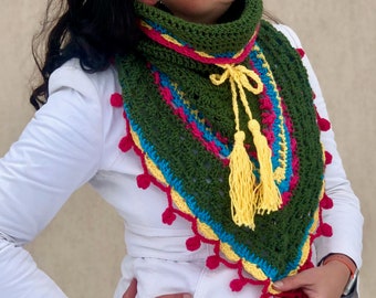 How to crochet Hooded Cowl with PomPoms and Tassels / Headscarf / Scoodie in great spring colours, for advanced beginners - instant PDF