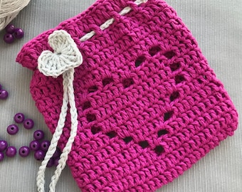 Crochet Drawsting Gift Bag - easy Valentine's day gift bag, cute little heart application, PDF pattern, instant download