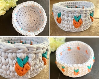 Crochet a Textured T-Shirt Yarn Basket: Spring Flowers/Carrots! Home deco, Easter,Easy for Beginners. Instant Download Detailed PDF Pattern