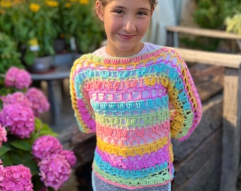 The Fun & Playful Mesh Sweater Crochet Pattern Ideal for everyone who loves cheerful colors and mesh patterns! Crocheted from Papatya Bloom