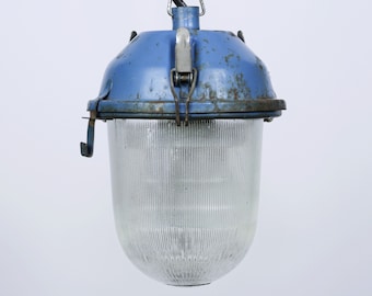 Vintage Blue Industrial Pendant Lamp: Rusted USSR Hanging Light