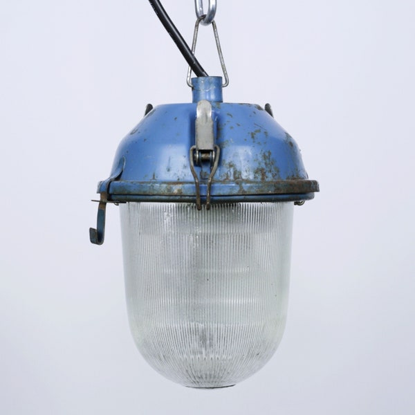 Vintage rustic Soviet industrial lamp | USSR blue pendant hanging lighting | Rusted industrial light fixture Soviet Union