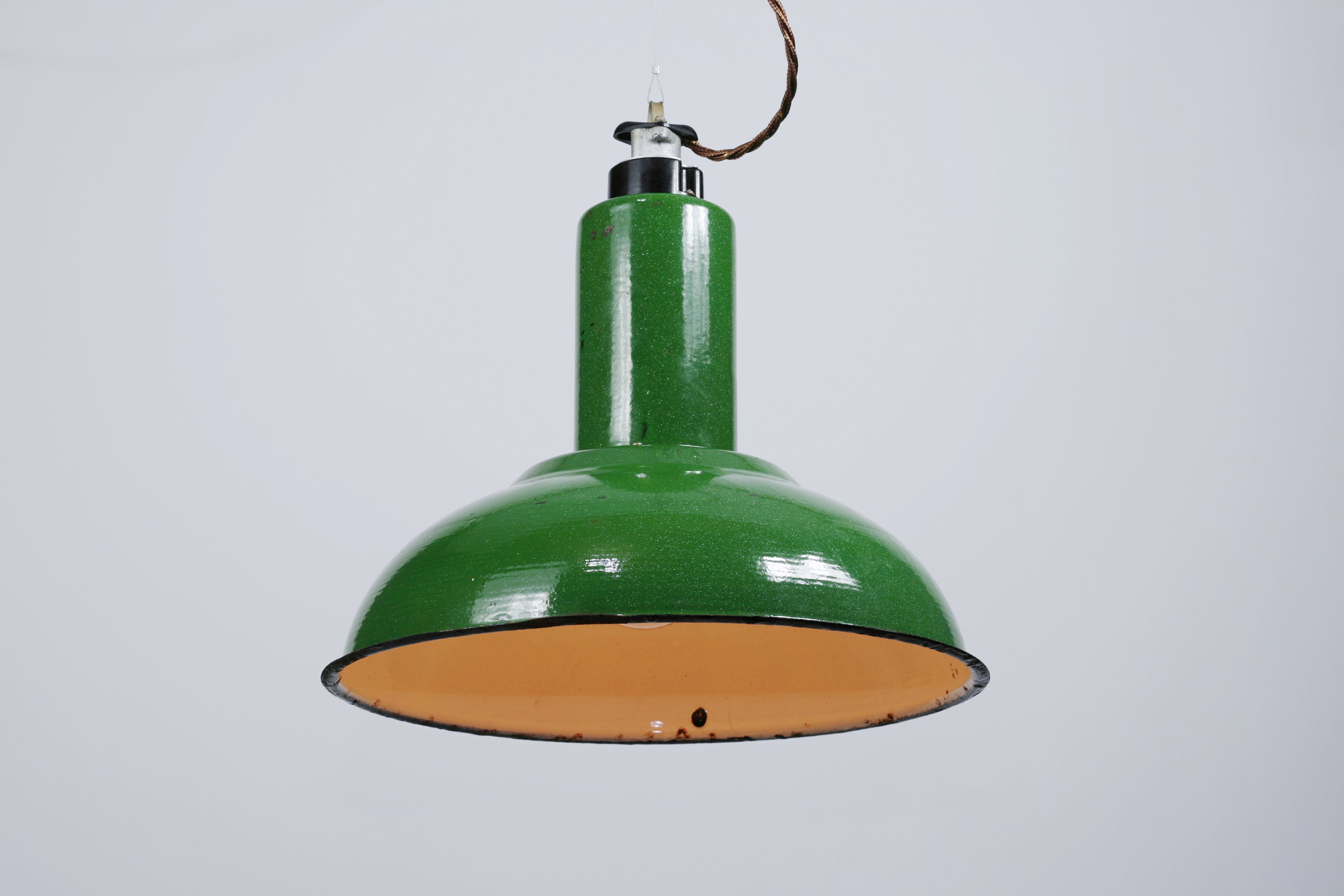 Green Enamel Pendant Light: Antique Industrial USSR Lamp