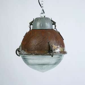 Vintage USSR Industrial Pendant Light: Rusted Steel & Prismatic Glass