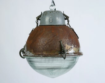 Vintage USSR Industrial Pendant Light: Rusted Steel & Prismatic Glass
