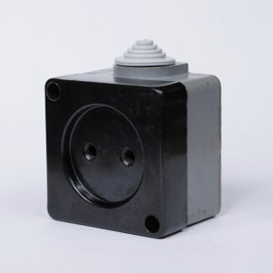 Peut inclure: Une prise électrique noire avec un couvercle en plastique gris et une prise ronde à deux broches.