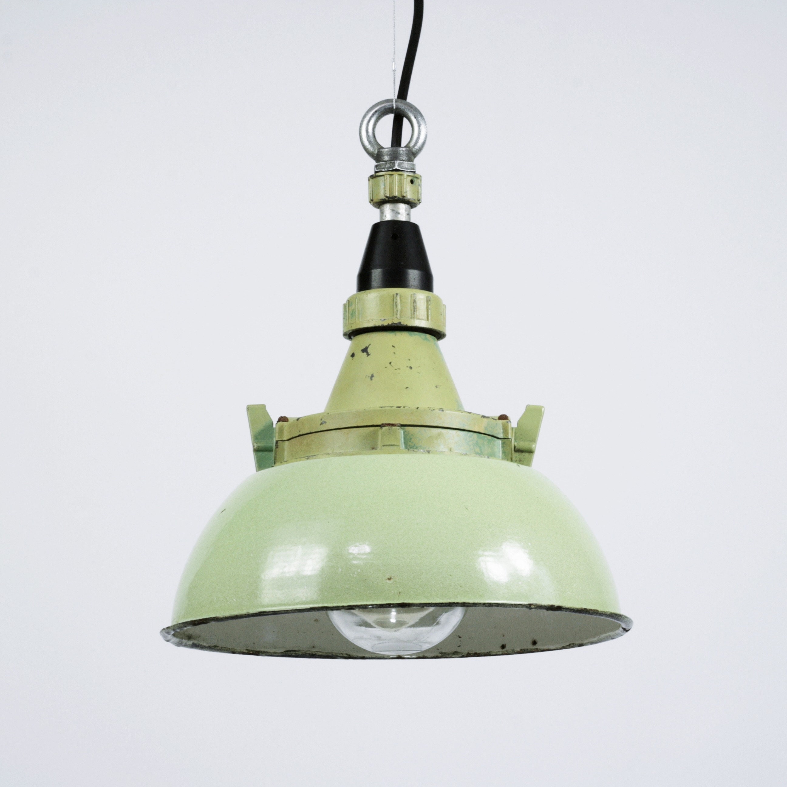 Vintage Industrial Enamel Pendant Light: USSR Factory Chandelier with Glass Dome